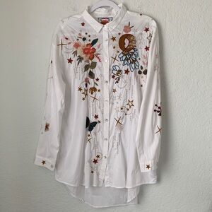 Johnny Was Embroidered White Button-Up Long Sleeve Shirt Size L